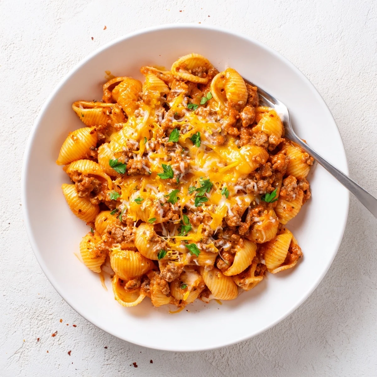 Comforting One Pot Creamy Beef and Shells, showcasing tender pasta in a velvety tomato sauce.