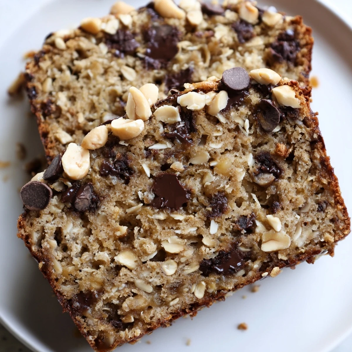 Golden-brown slices of Chocolate Chip Peanut Butter Oatmeal Banana Bread reveal melty chocolate chips and oats, perfect for a wholesome breakfast.