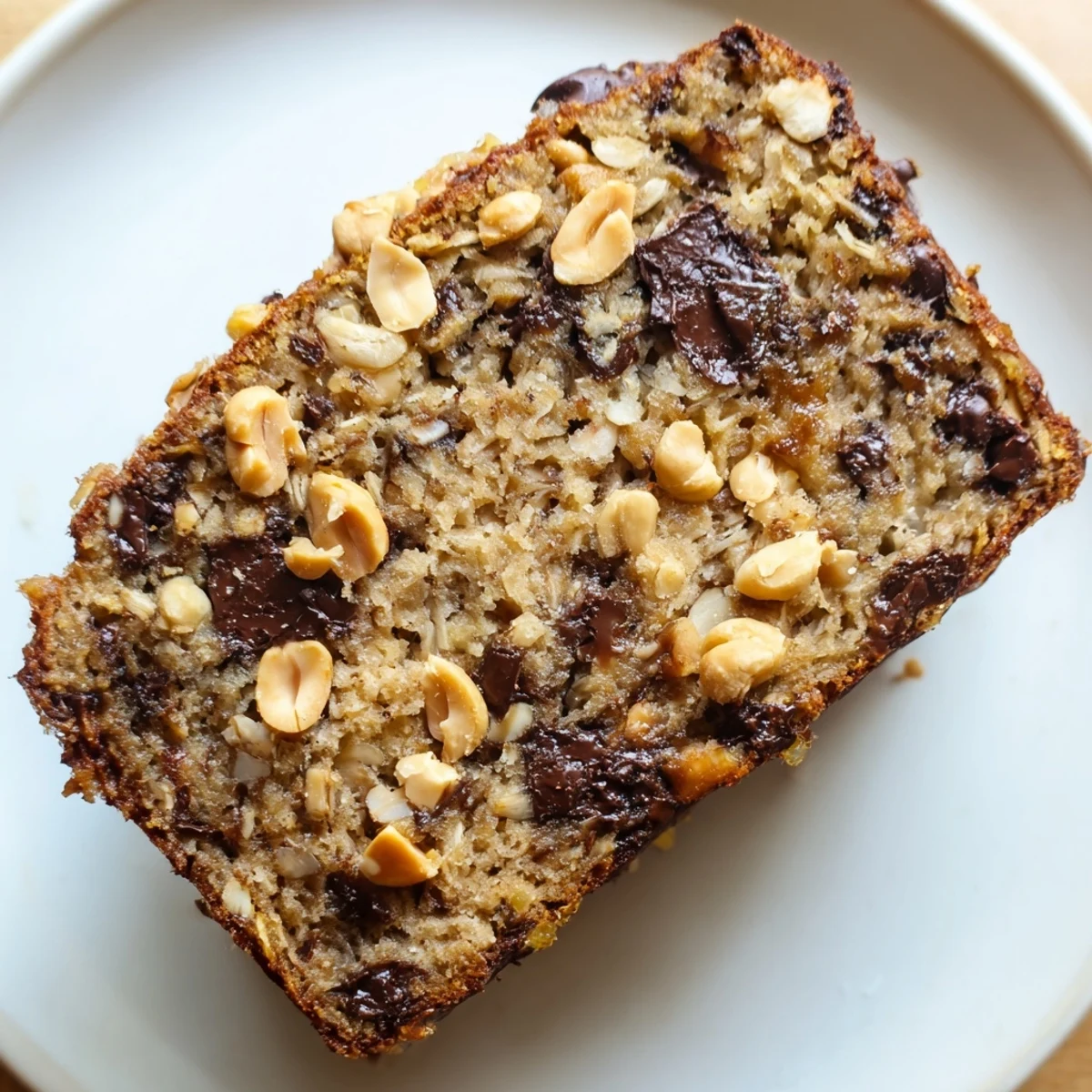 Ripe bananas and creamy peanut butter create a tender loaf, with Chocolate Chip Peanut Butter Oatmeal Banana Bread cooling on a wire rack.