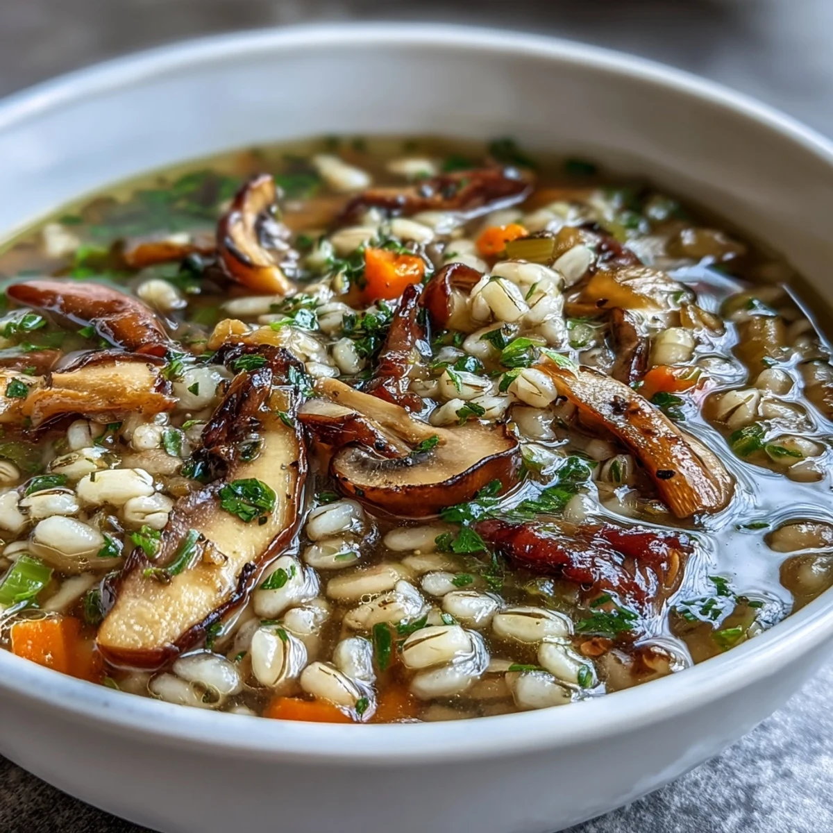 A cozy Mushroom Barley Soup served hot, reminiscent of classic American deli comfort food.