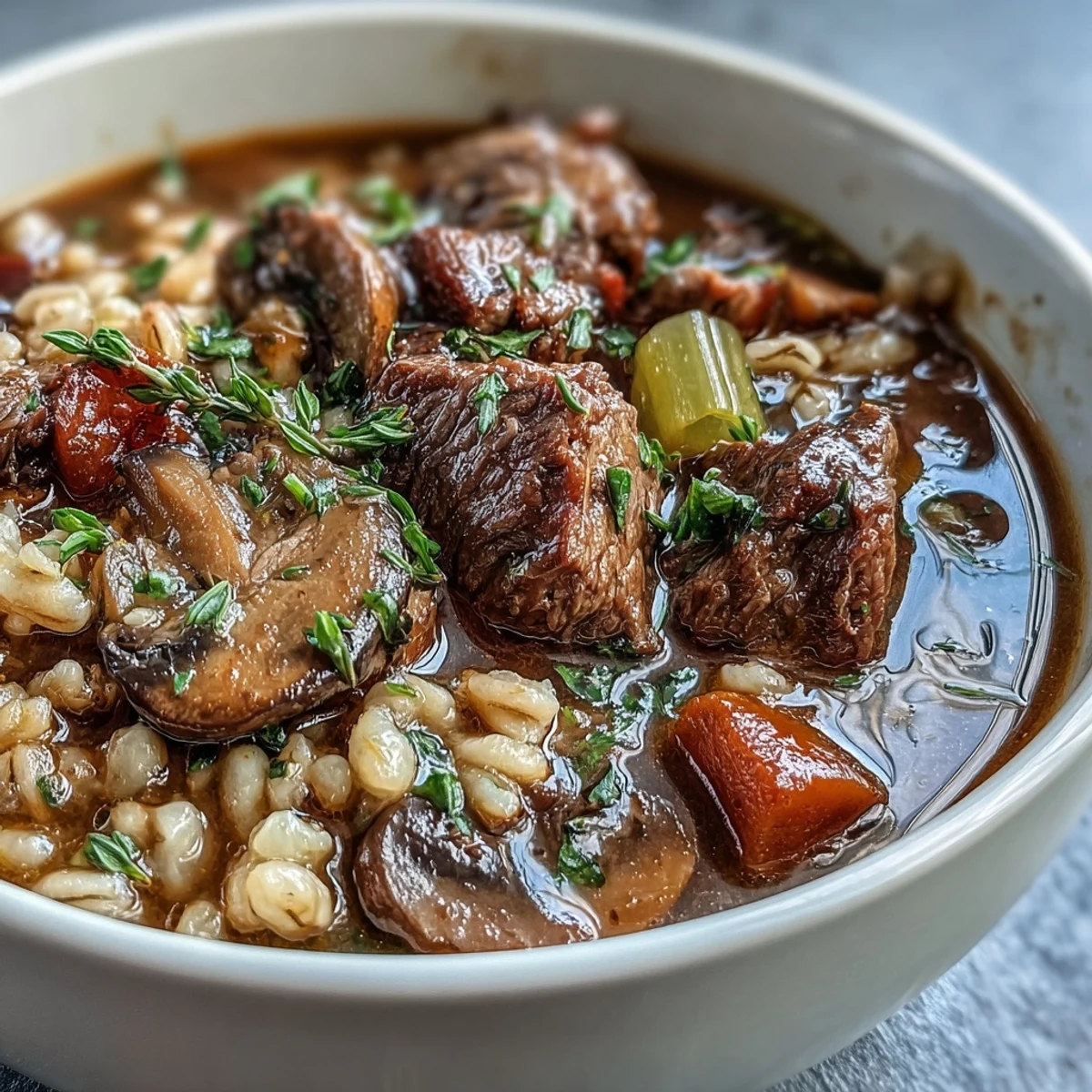 Steaming beef and barley soup with mushrooms is ladled into a rustic bowl, garnished with fresh parsley.