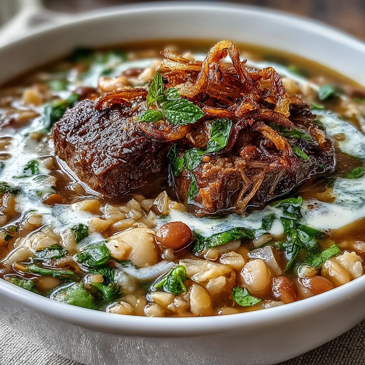 Close-up of steaming Beef Barley Soup topped with golden mint-fried onions and a swirl of sour cream.
