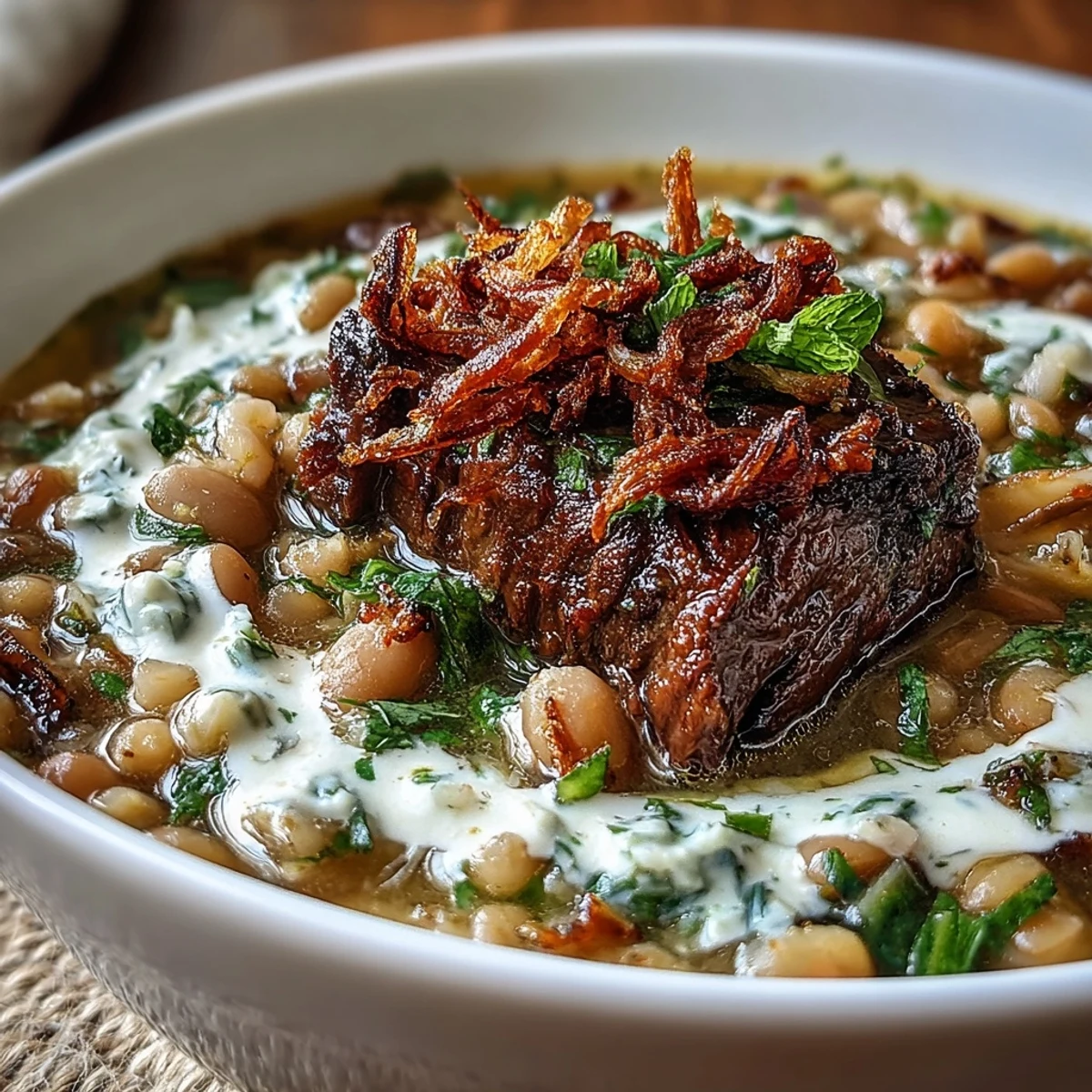 Hearty Persian-inspired Beef Barley Soup with tender beef, lentils, and aromatic herbs served in a rustic bowl.