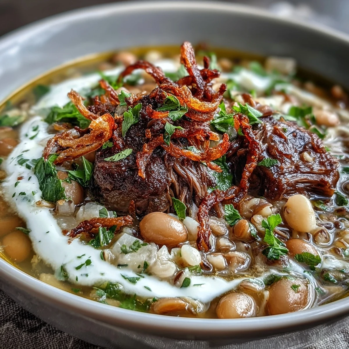 Ladle of savory Beef Barley Soup with carrots and beans, garnished with mint onions, ready to enjoy.