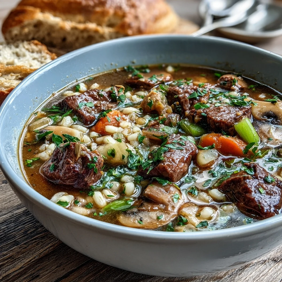 A bowl of hot Beef and Barley Soup, filled with tender beef chunks, diced carrots, and pearl barley in a rich brown broth.
