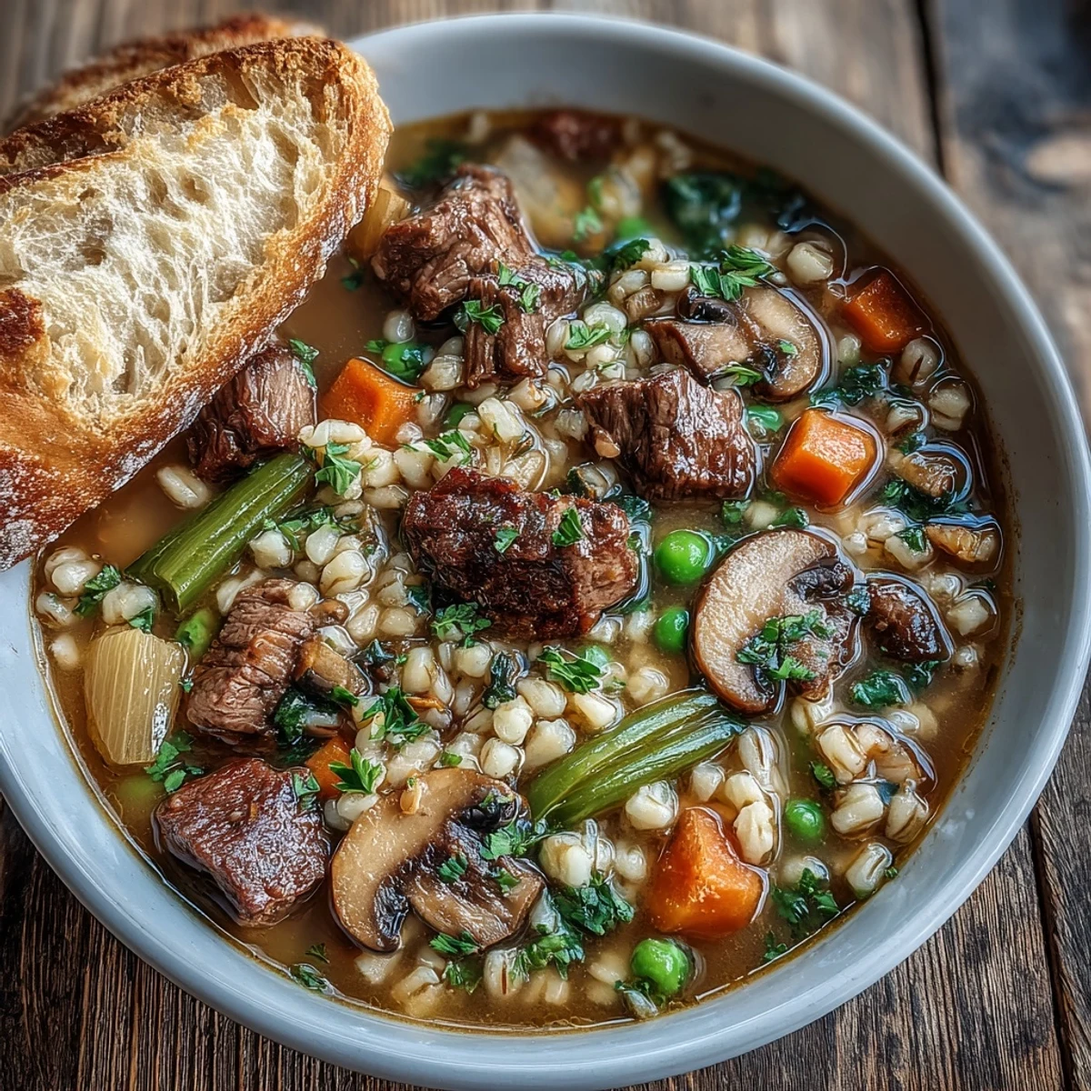 Hearty Beef and Barley Soup simmering in a pot with visible herbs, potatoes, and celery, ready to serve on a cozy night.