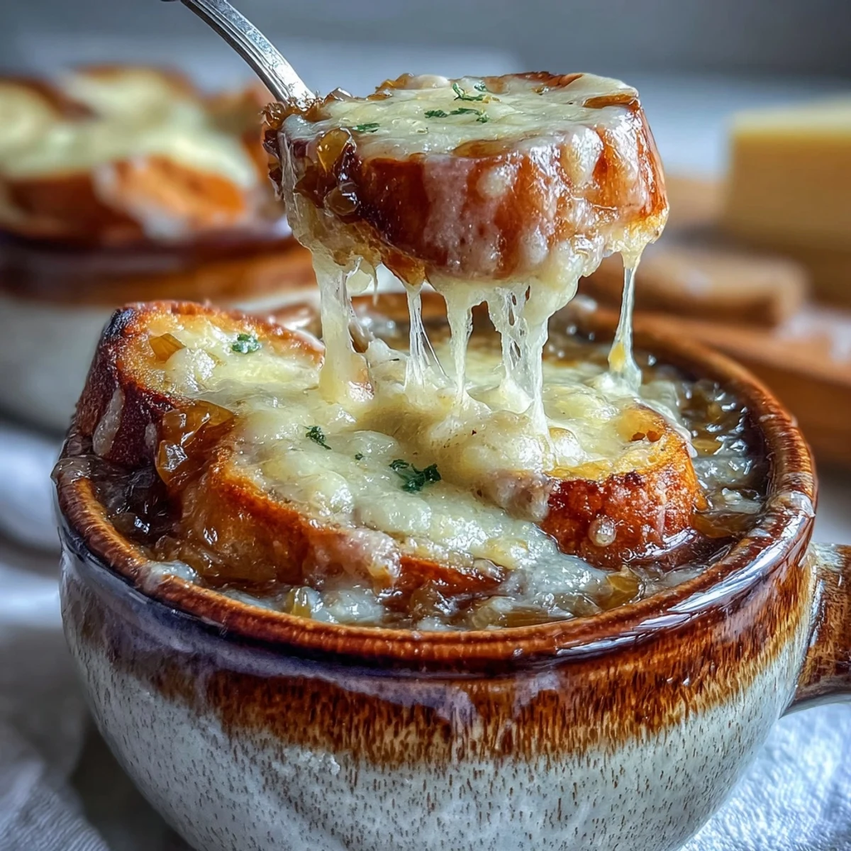 Deeply golden French Onion Soup bubbling with melted Gruyère in a rustic bowl.