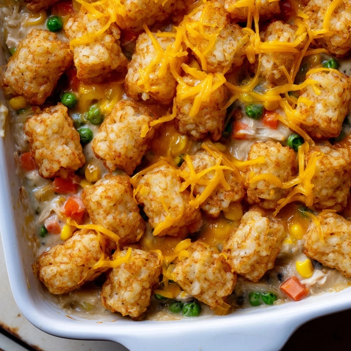 A warm and comforting Tater Tot Chicken Pot Pie, featuring a creamy chicken and vegetable filling.