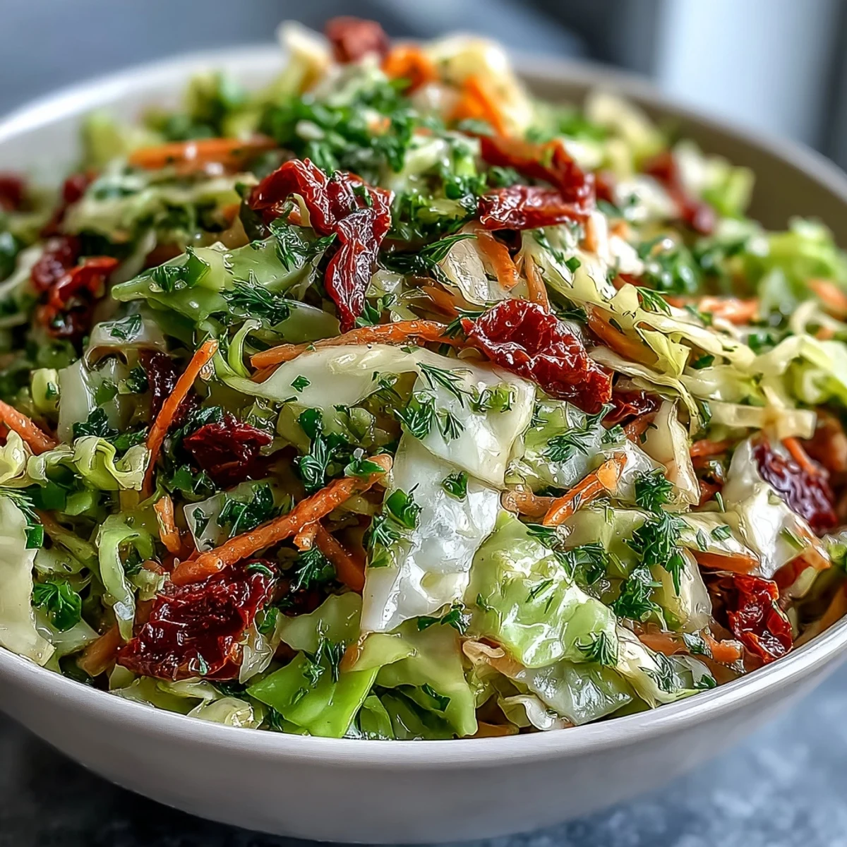 A vibrant Cabbage Salad With Sundried Tomatoes tossed with a herby dressing, served in a rustic bowl.