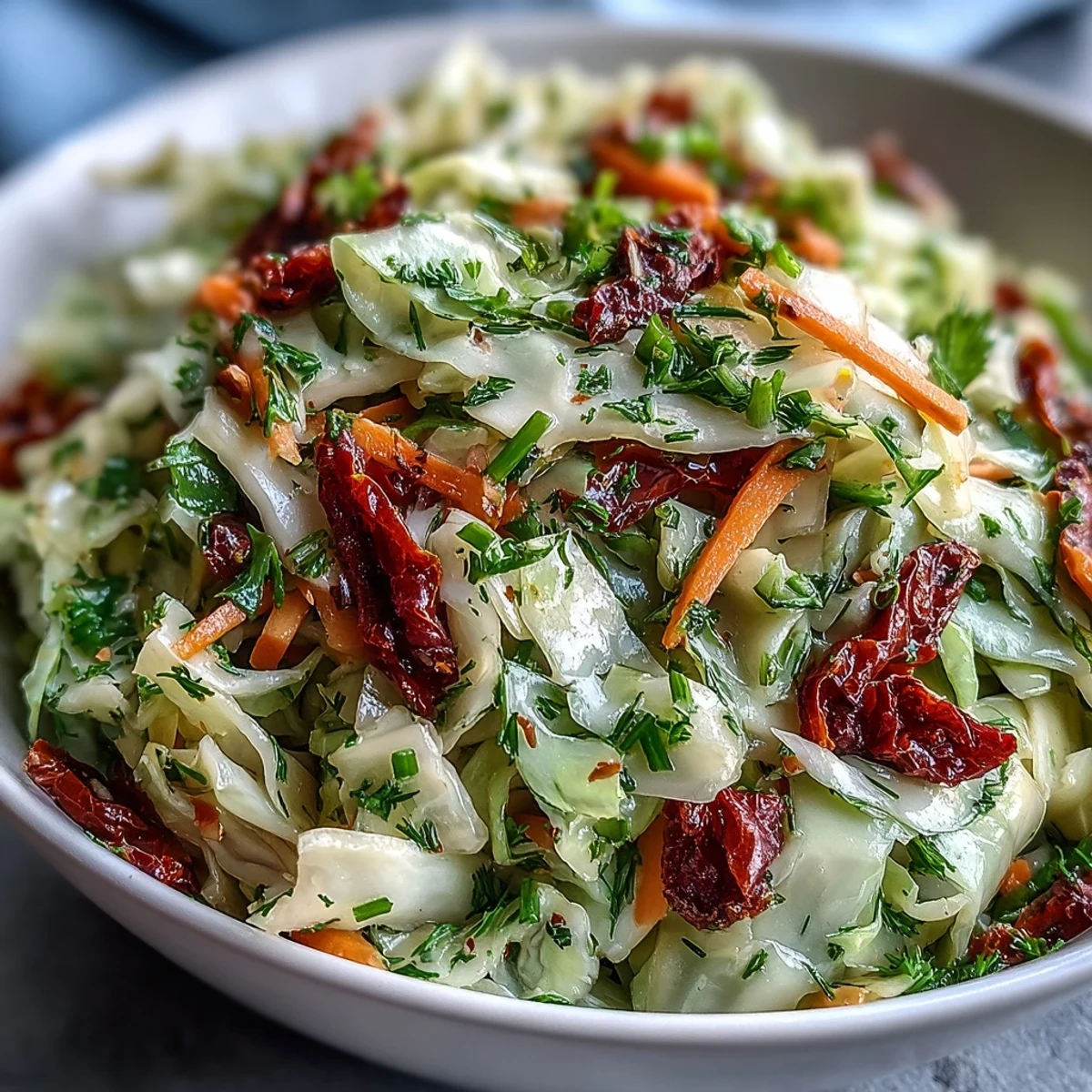 Healthy Cabbage Salad With Sundried Tomatoes topped with fresh herbs and julienned carrots, ready to eat.