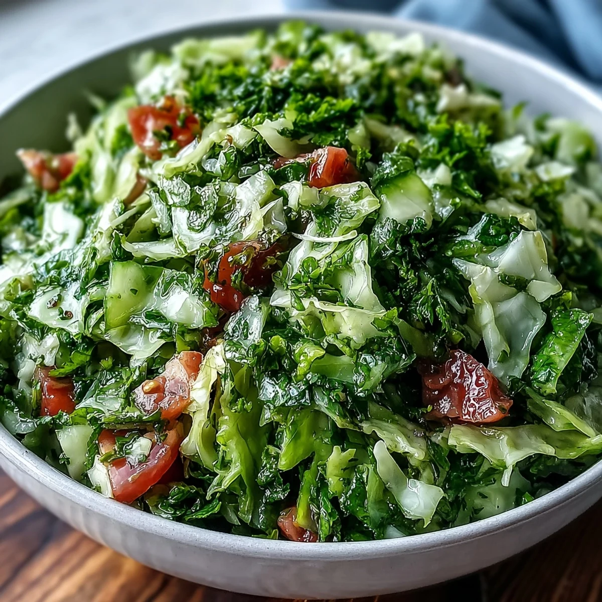 Fresh Lebanese Cabbage Salad tossed with diced tomato and cucumber, green onions and herbs visible, ready to chill for a refreshing bite.