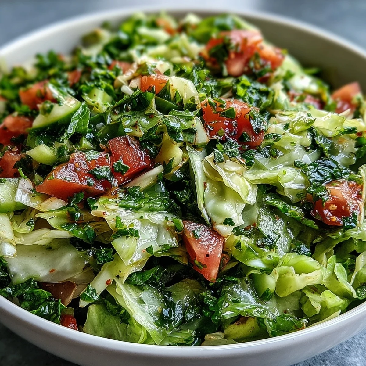 Vibrant Lebanese Cabbage Salad on a wooden table, crisp shredded cabbage and mint leaves, lemon juice and olive oil coating, great with grilled meats.
