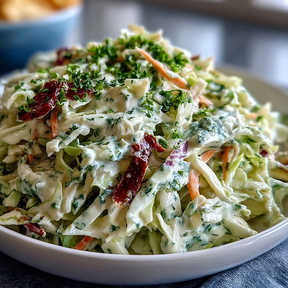 Close-up of Coleslaw With Creamy Dressing showing crisp shredded cabbage coated in tangy, luscious dressing for barbecue.