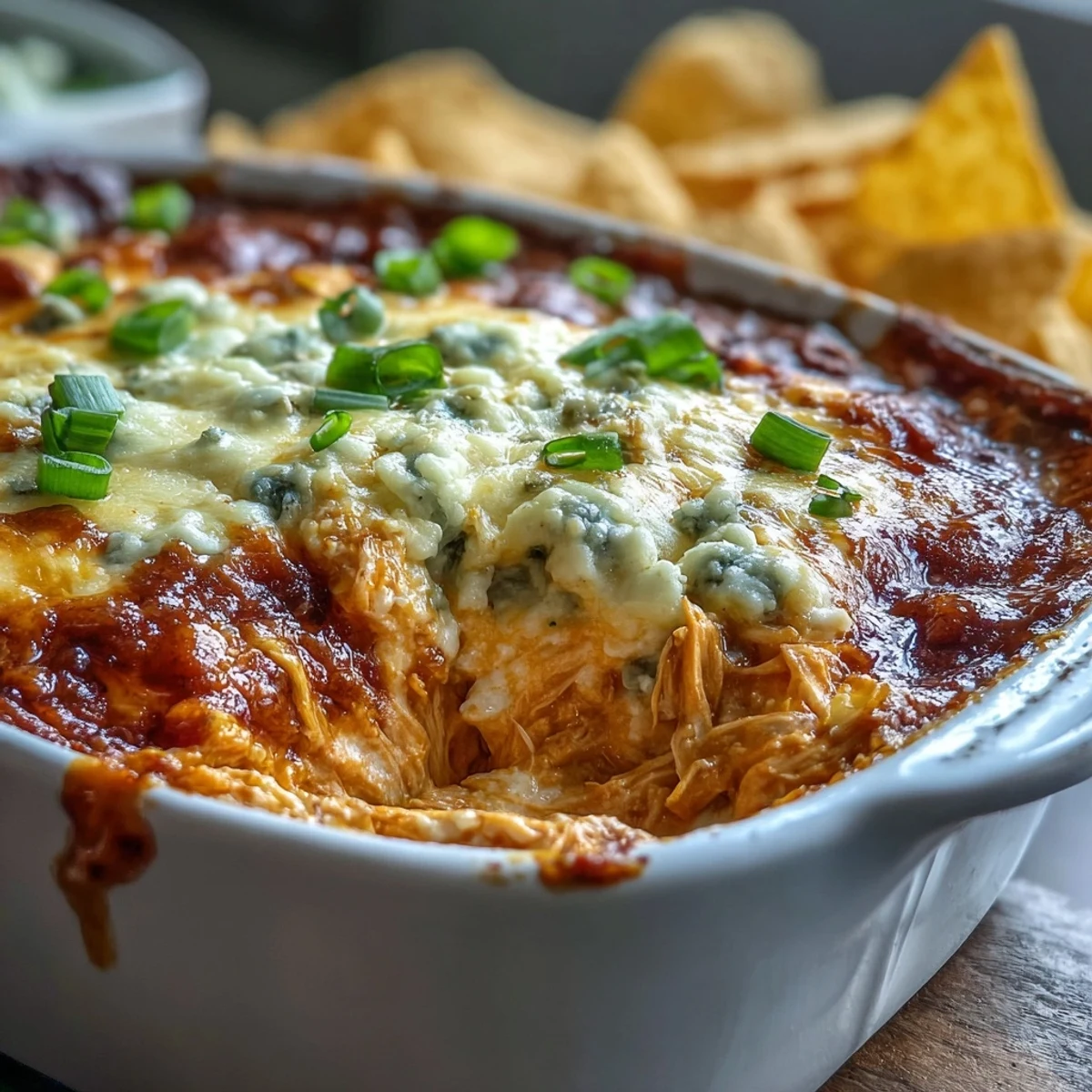 Golden, bubbly Buffalo Chicken Dip served hot in a ceramic dish, garnished with fresh green onions. The creamy, cheesy dip is paired with crunchy tortilla chips and celery sticks for classic game day snacking.