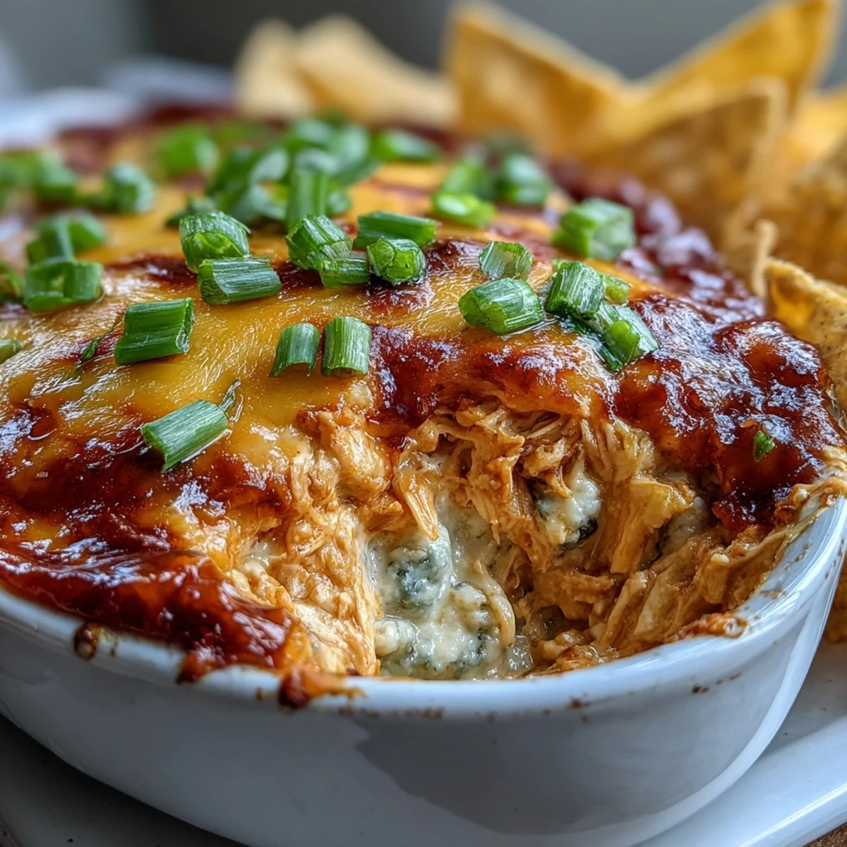 Close-up view of a savory Buffalo Chicken Dip scoop with shredded chicken and tangy buffalo sauce. Ready to eat with carrot sticks and crisp lager, making it an easy gluten-free snack.