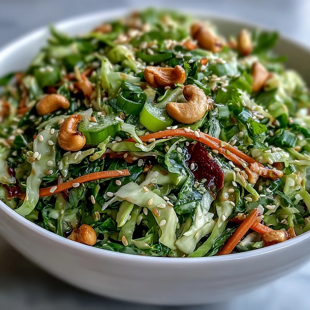 Bright, colorful Asian Cabbage Salad served in a white bowl, topped with toasted cashews and fresh cilantro for crunch.