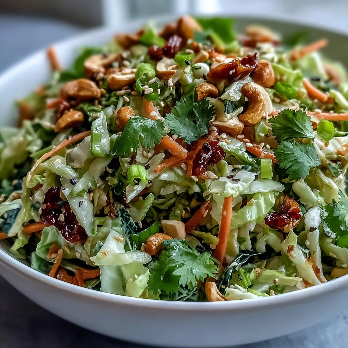 Freshly tossed Asian Cabbage Salad featuring crisp green and red cabbage, julienned carrots, and a drizzle of sesame-ginger dressing.