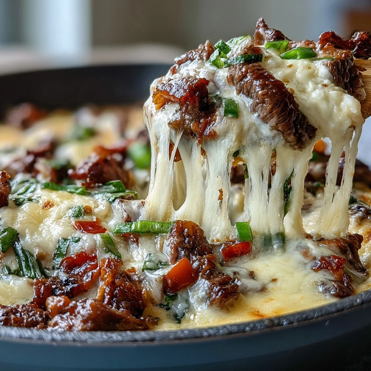 Golden, bubbly Philly Cheesesteak Dip with melted provolone, served warm on toasted crostini.