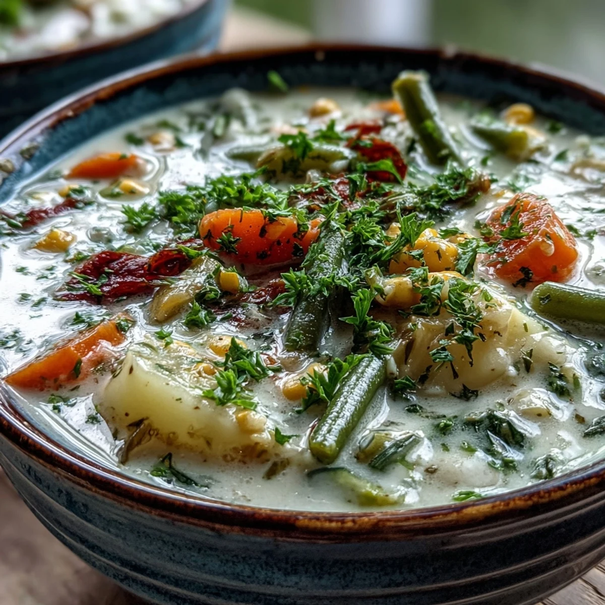 A warm bowl of Amish Snow Day Soup garnished with fresh parsley, served with crusty bread for dipping.