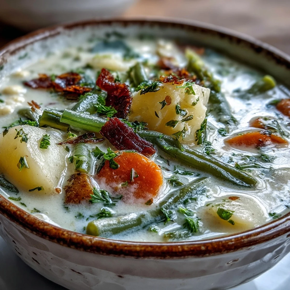 Creamy Amish Snow Day Soup with tender vegetables like carrots, potatoes, and corn in a savory herb broth.