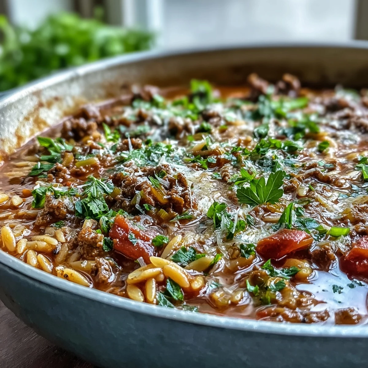 Hearty Comforting Ground Beef Orzo Dinner in a skillet with colorful peppers and peas.