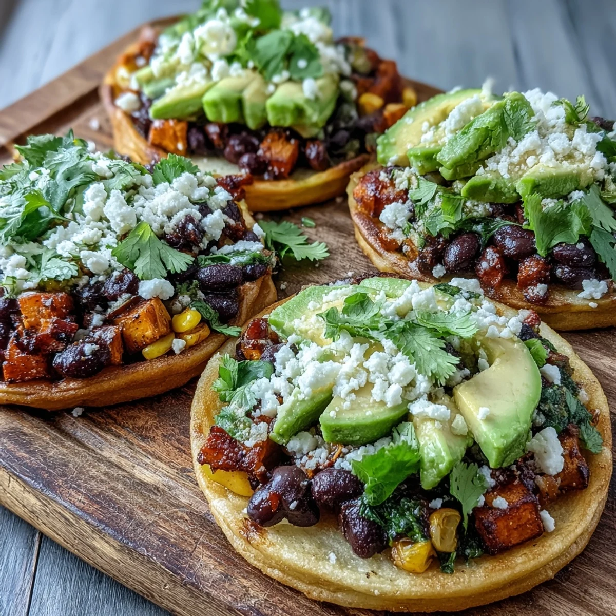 Crispy tostada shells loaded with caramelized sweet potato, limey black beans, and creamy avocado slices for a satisfying vegetarian lunch.