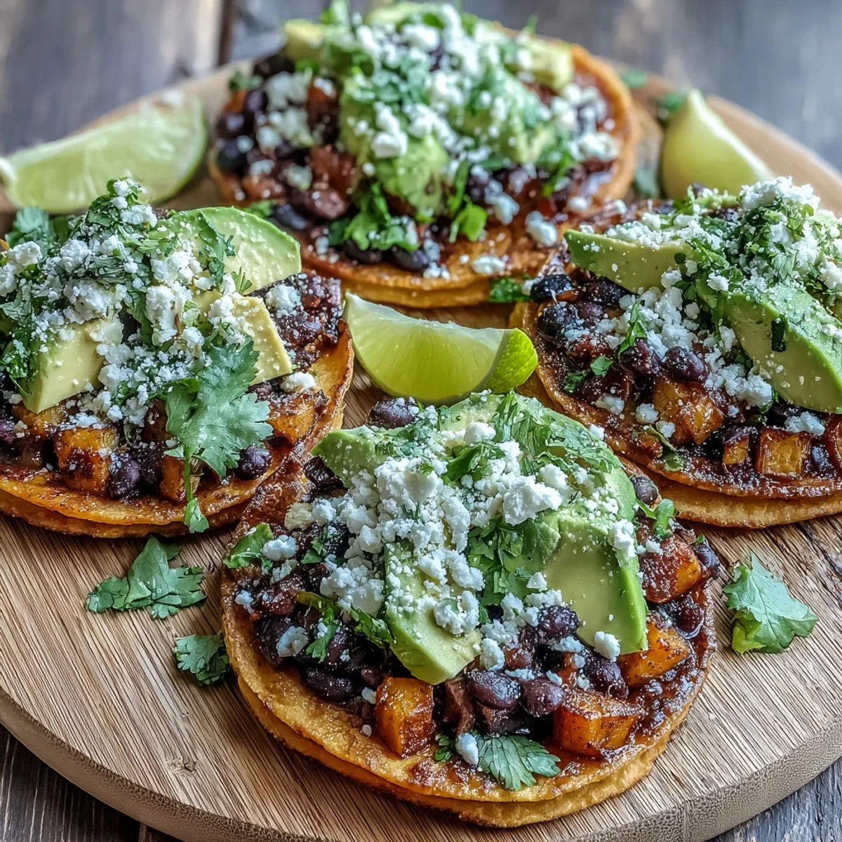 Black Bean and Sweet Potato Tostadas topped with crumbled feta, fresh cilantro, and corn for a vibrant, Mexican-inspired meal.