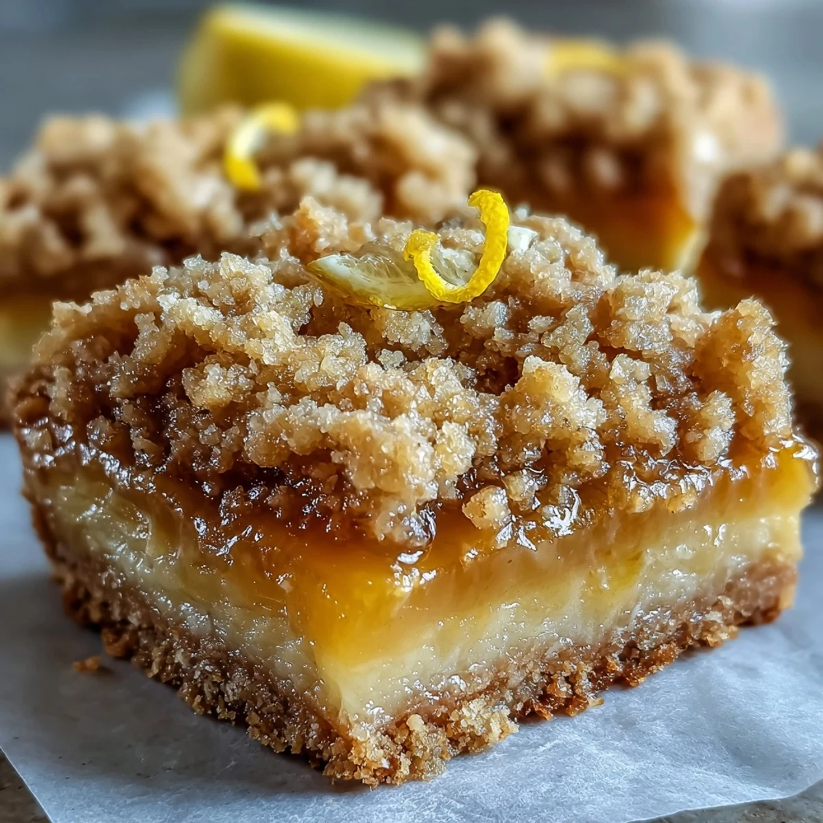 Freshly baked Homemade Lemon Crumb Bars feature a golden crumb topping over bright yellow lemon filling on a plate.