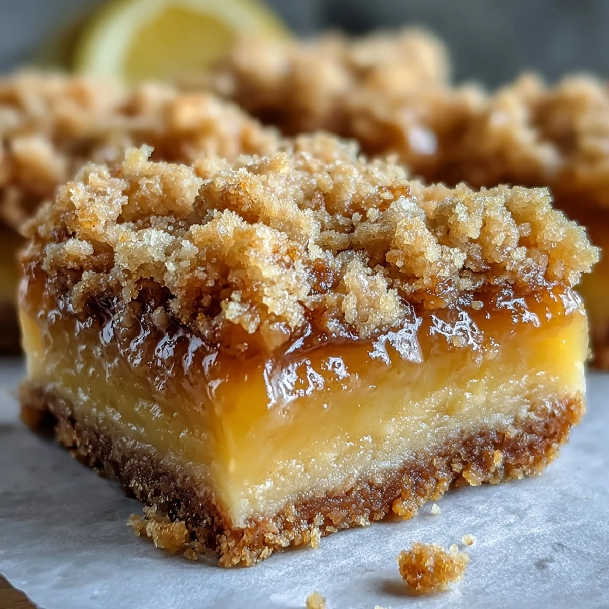 Served on a white plate, these Homemade Lemon Crumb Bars are dusted with powdered sugar for a sweet finish.