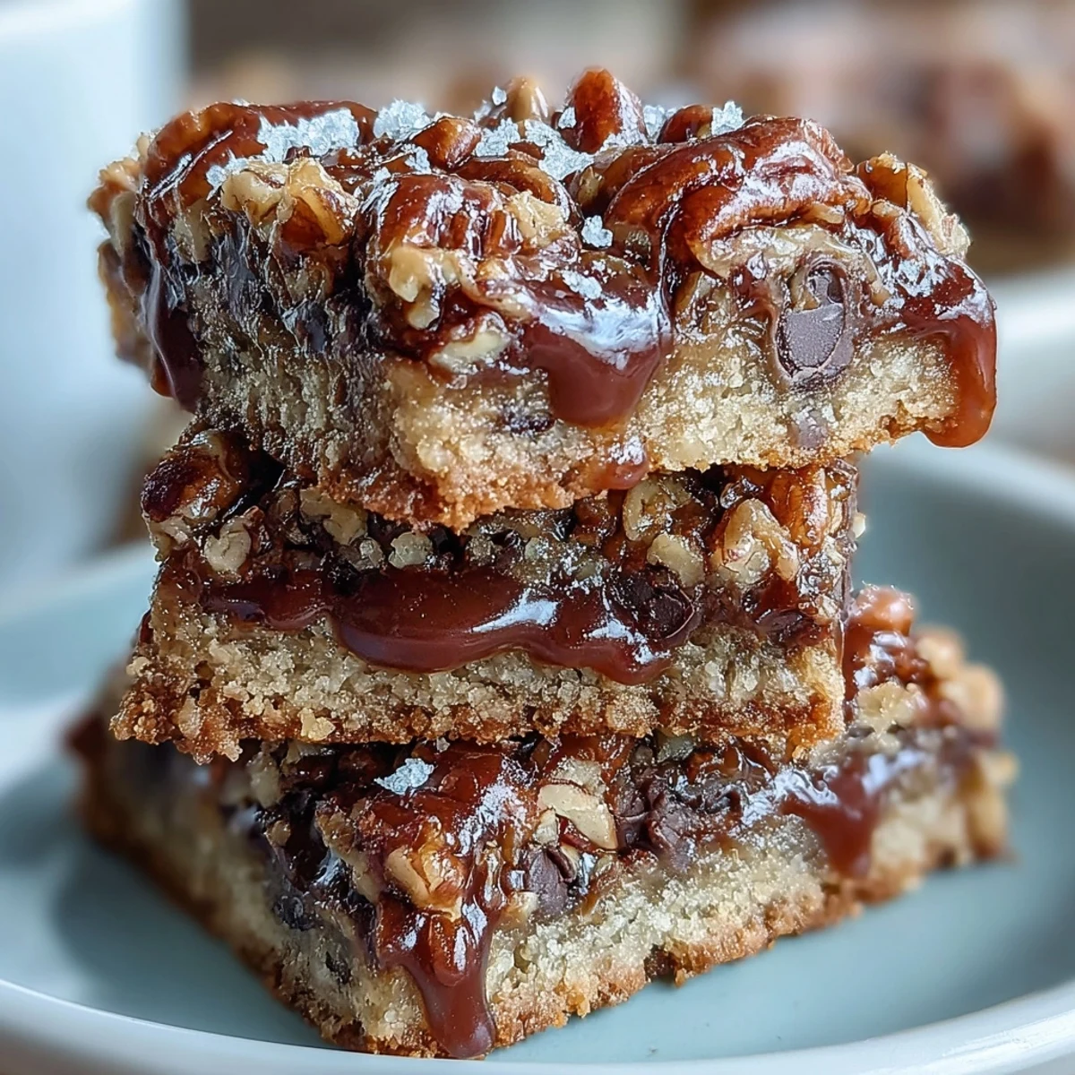 Golden-brown Decadent Sweet and Chewy Turtle Bars feature melted chocolate pools and a crumbly oat topping on a white plate.