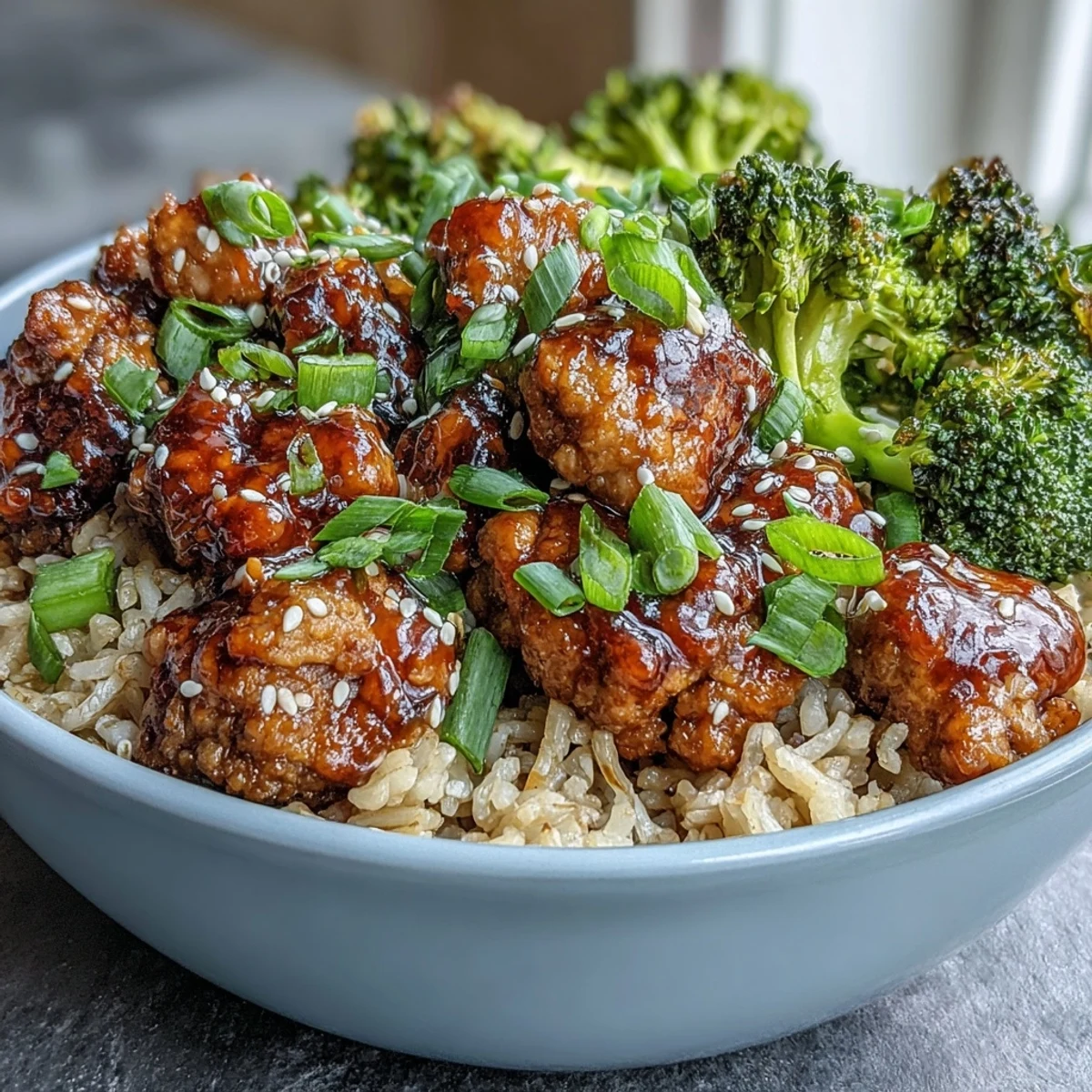 Easy weeknight Sweet and Spicy Turkey Broccoli Bowls topped with sesame seeds and fresh green onions.