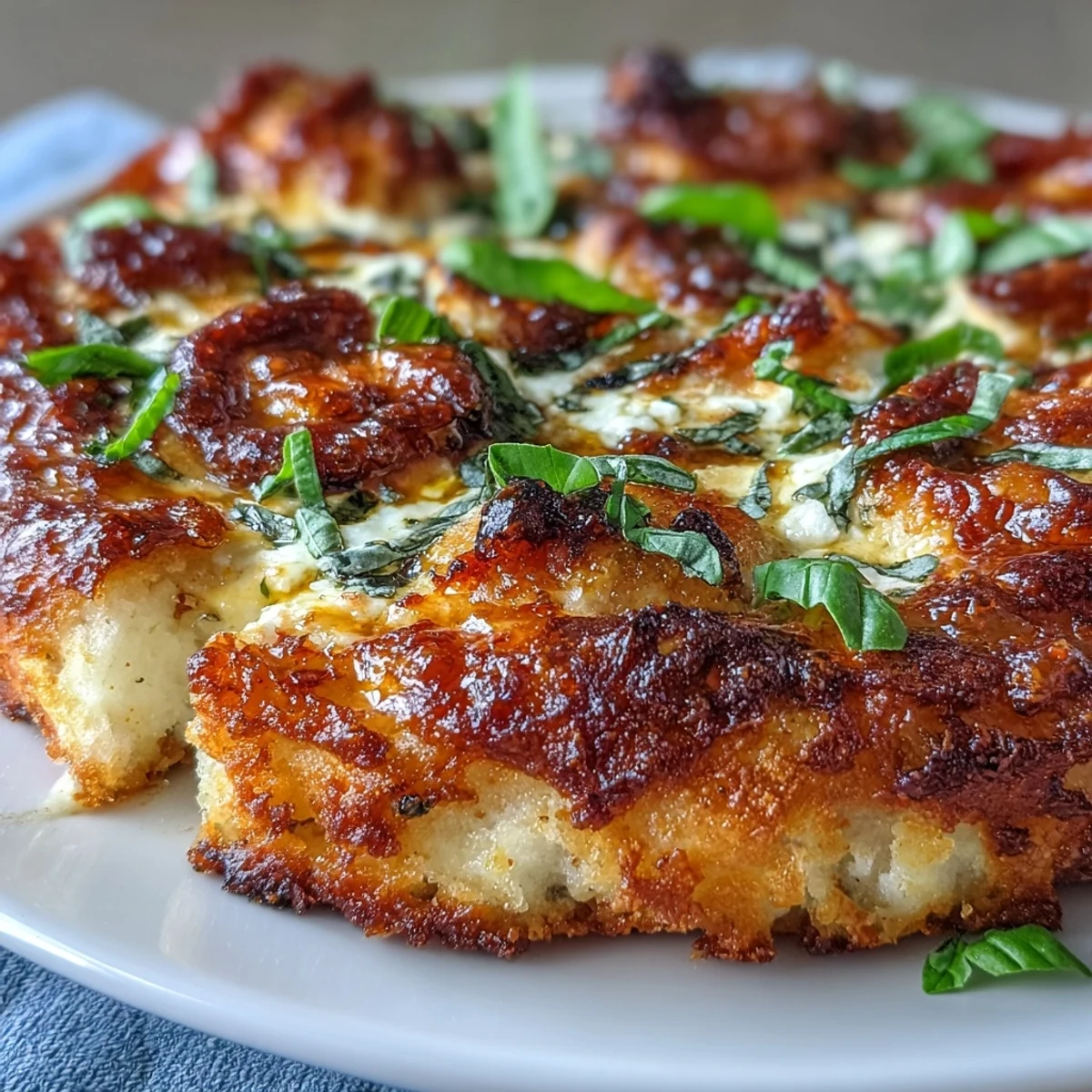 Golden-brown crust on a Hot Honey Ricotta Pizza topped with creamy ricotta, bubbly mozzarella, and fresh basil.