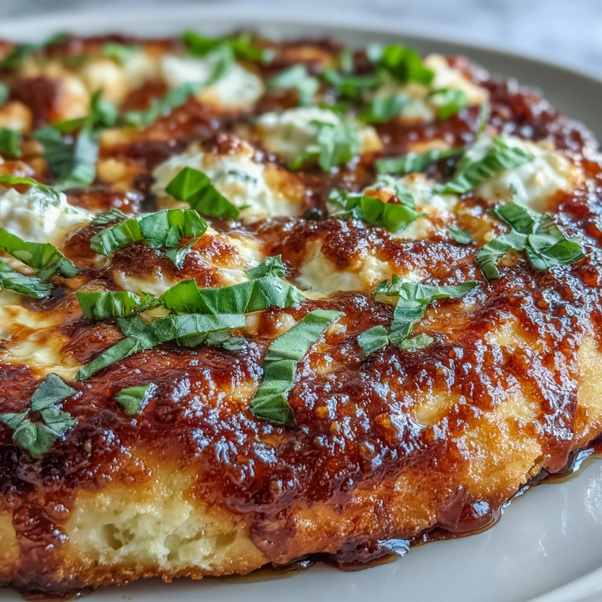 A freshly baked Hot Honey Ricotta Pizza slice drizzled with spicy honey, revealing a fluffy, airy interior crumb.