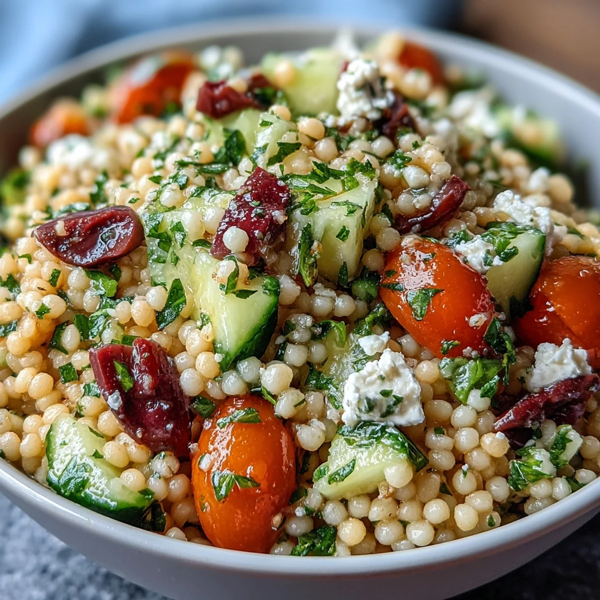 Mediterranean Pearl Couscous salad features toasted couscous, feta, and bright vegetables in a zesty vinaigrette, ready to serve.
