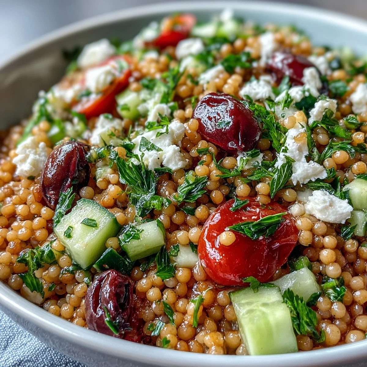 Spoon a serving of Mediterranean Pearl couscous with parsley and bell peppers, tossed in a fragrant oregano dressing.