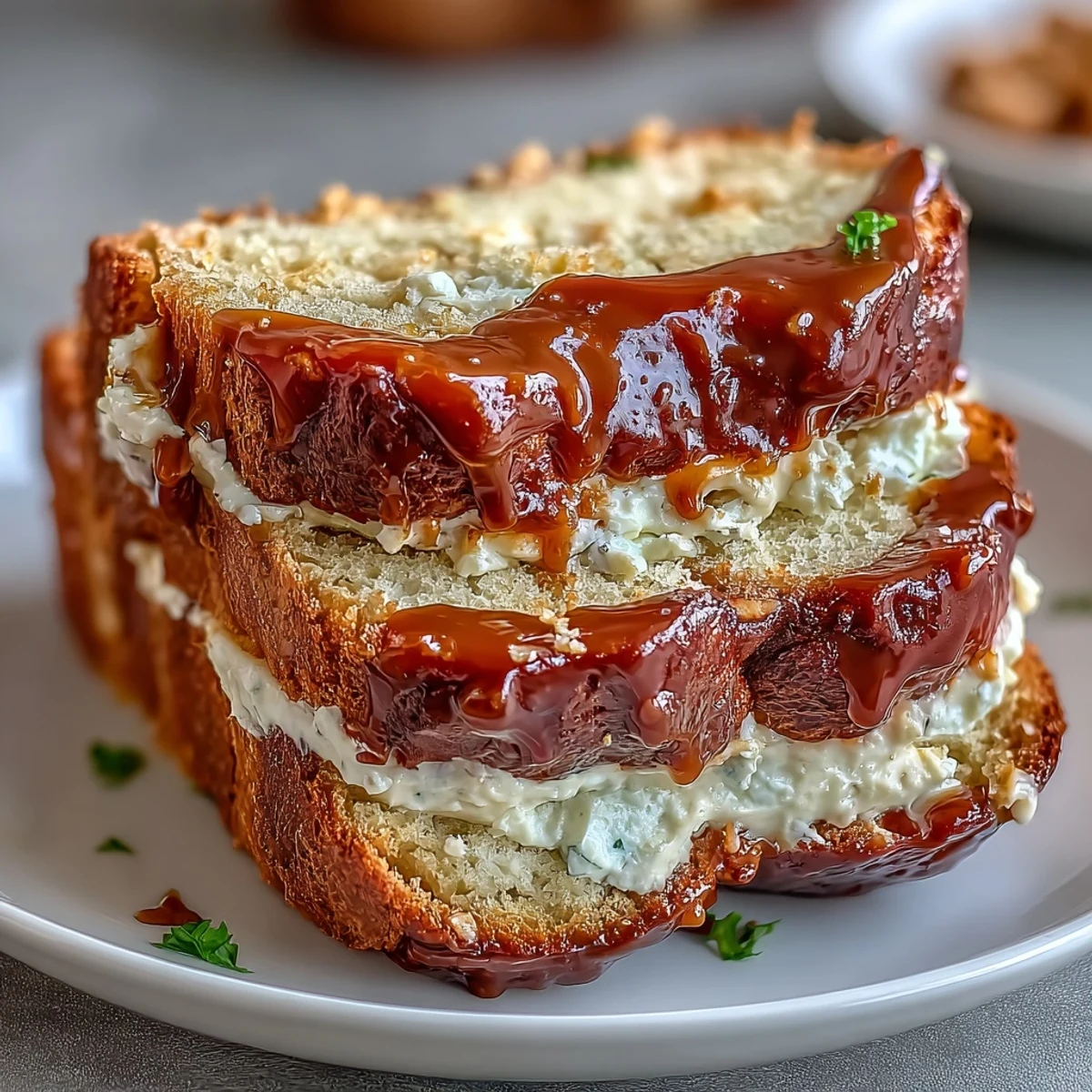 Freshly baked Caramel Cream Cheese Bread loaves showing golden crusts with visible caramel swirls, served on a rustic wooden board.