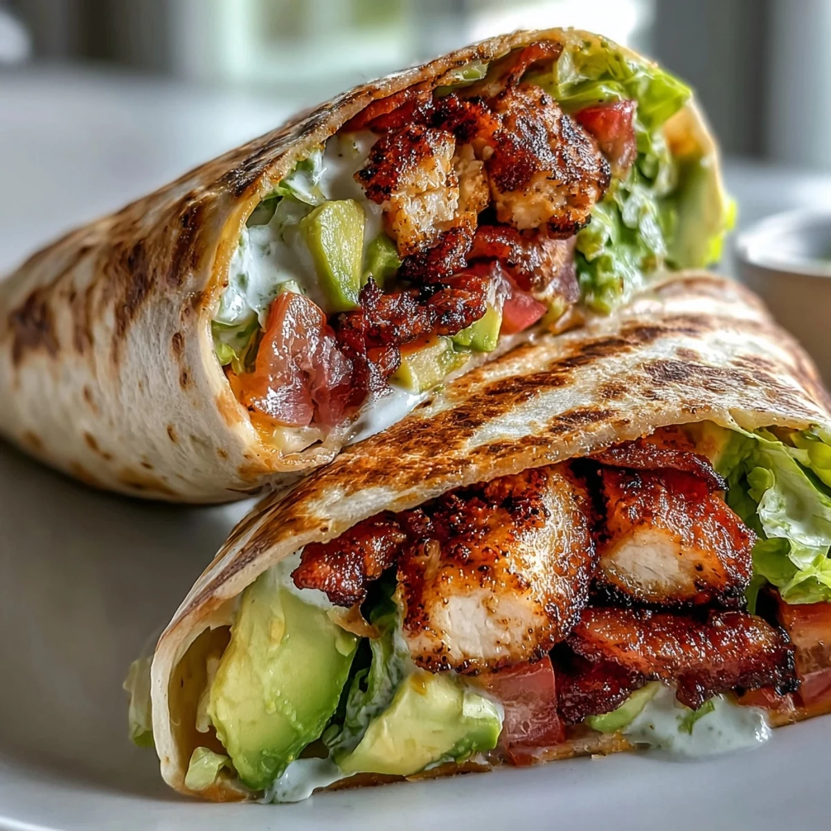 Golden-seared Crispy Chicken Bacon Wrap with melted cheddar and bacon in a toasted tortilla.