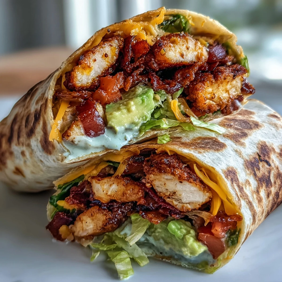 Crunchy bacon strips and sliced avocado fill a warm flour tortilla with creamy sauce.