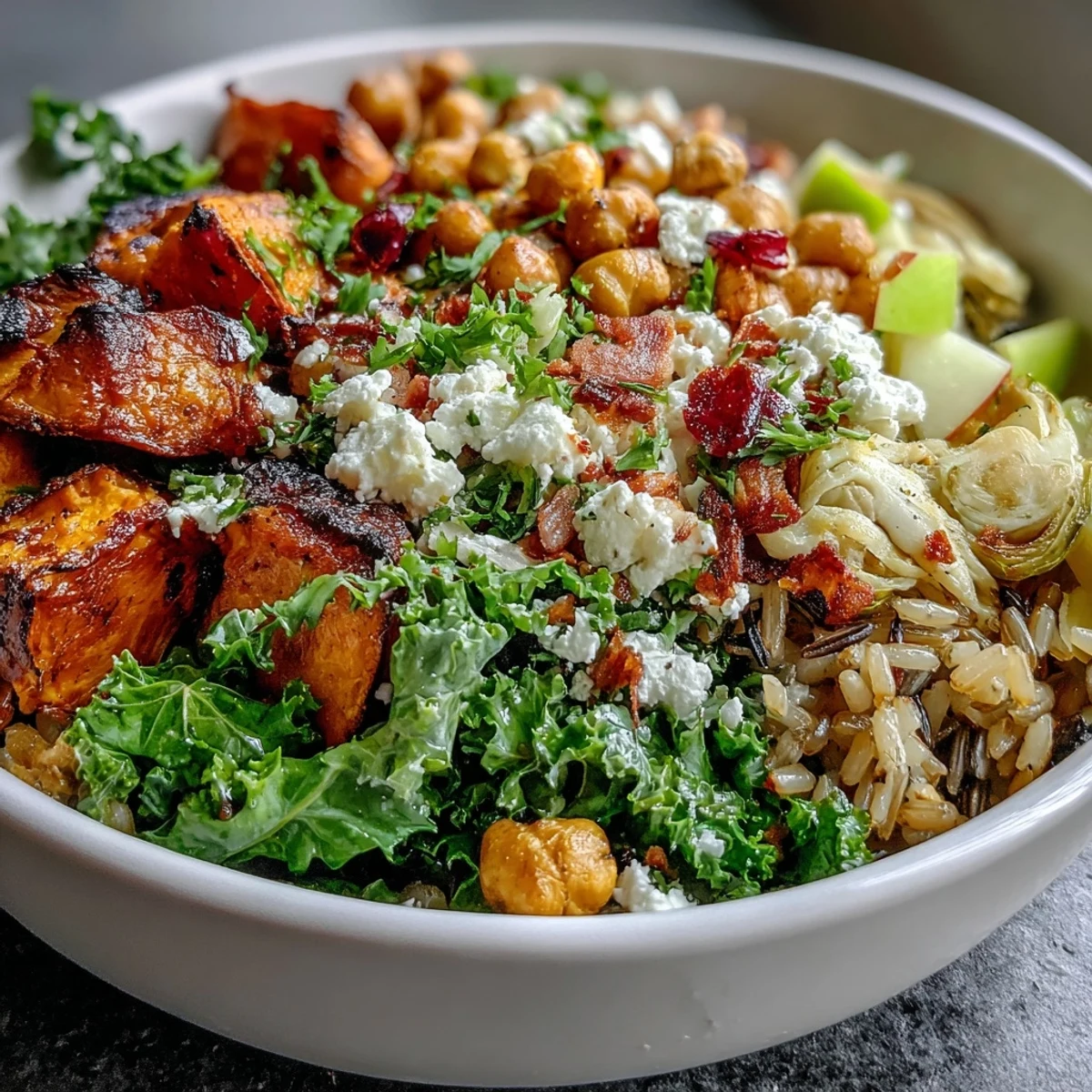 Fall Harvest Bowl served warm with toasted almonds, crumbled feta, and a drizzle of tangy dressing.