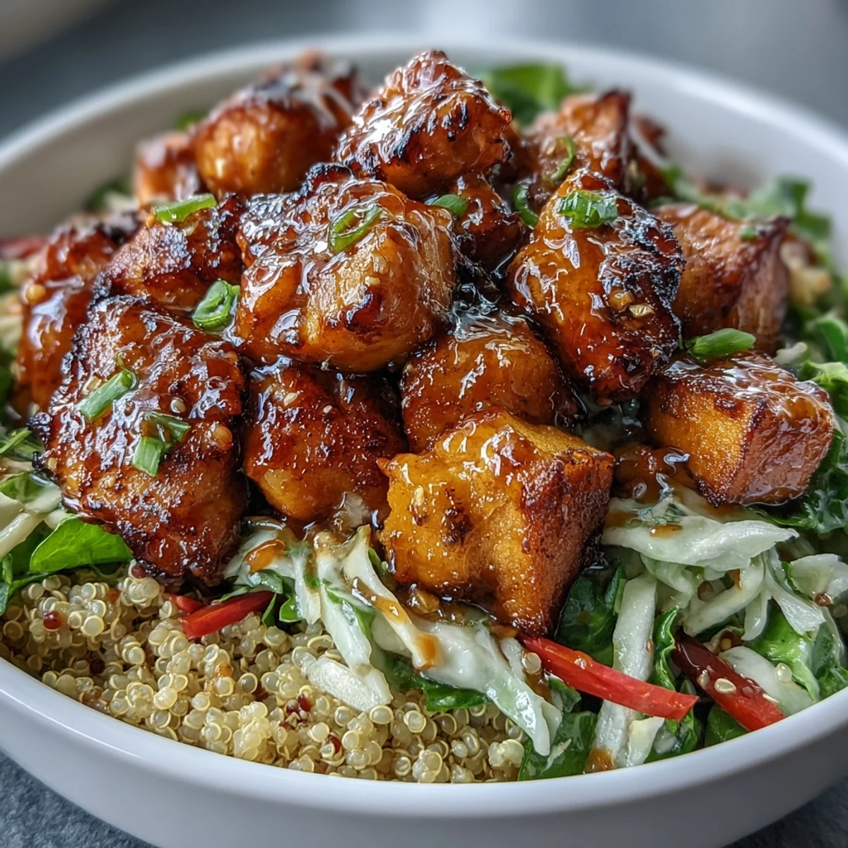 Golden-brown spiced chicken pieces and roasted sweet potato cubes sit atop fluffy quinoa in a Hot Honey Chicken Bowl, all drizzled with tangy dressing.