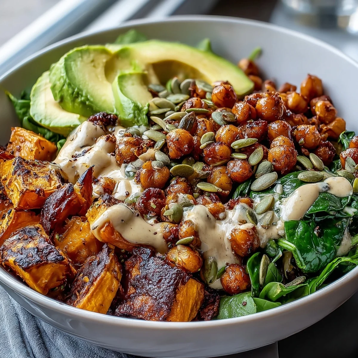 A wholesome Roasted Sweet Potato and Chickpea Bowl filled with garlicky spinach, ripe avocado slices, and toasted pumpkin seeds for crunch.