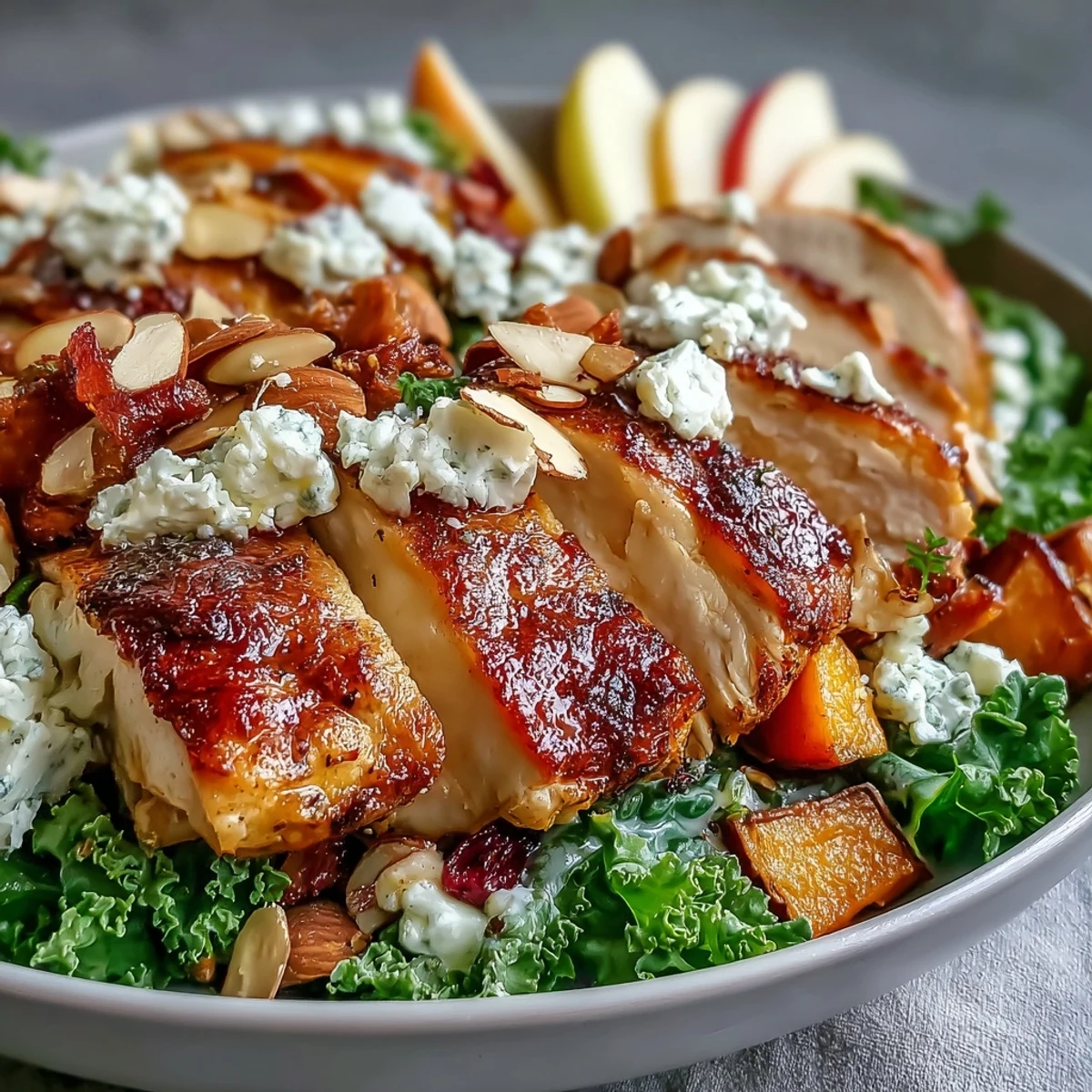Freshly roasted chicken and caramelized sweet potatoes top a vibrant Fall Sweet Potato Harvest Bowl with kale and apples.