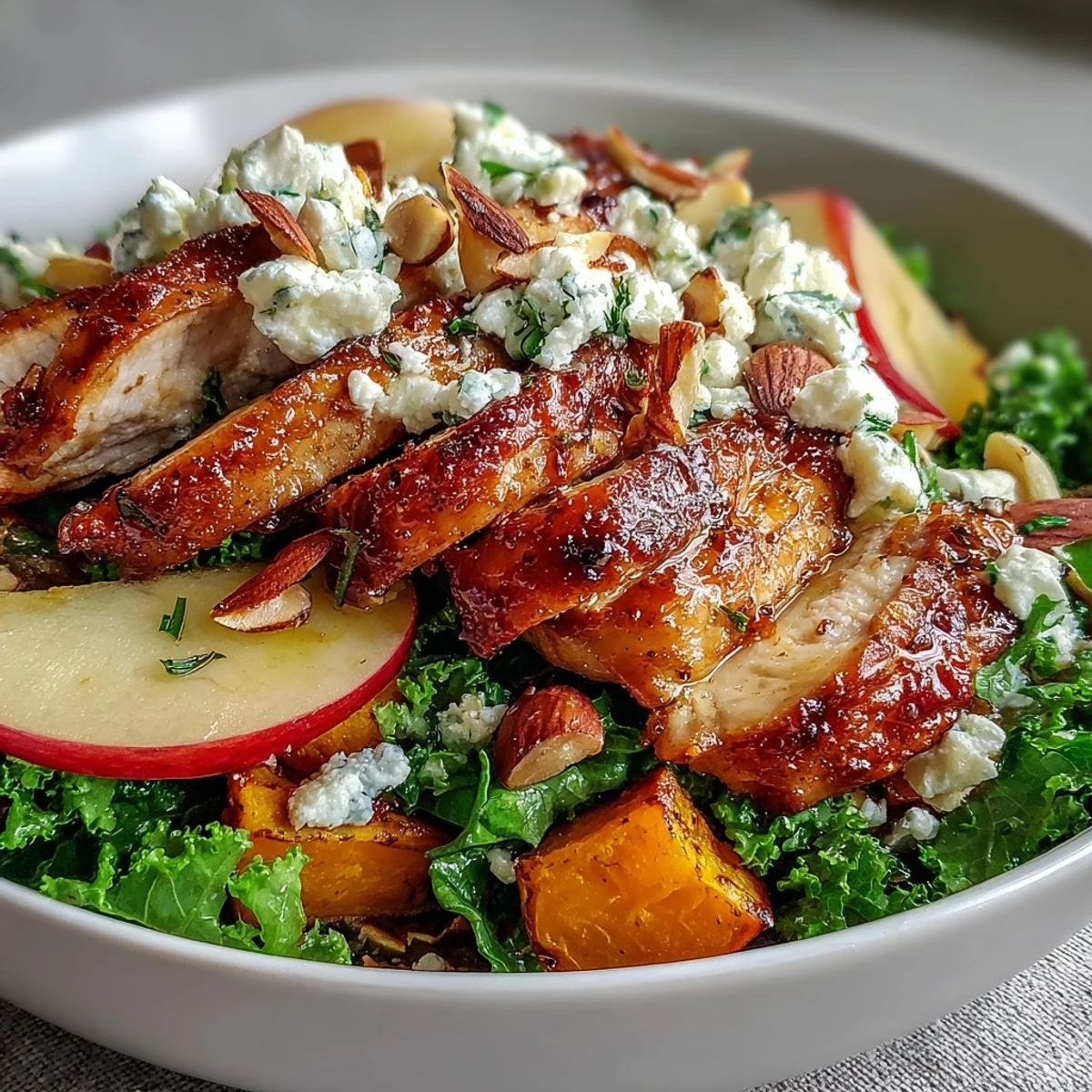 A plated Fall Sweet Potato Harvest Bowl shows glistening roasted sweet potatoes, crisp apples, kale, and a drizzle of balsamic dressing.