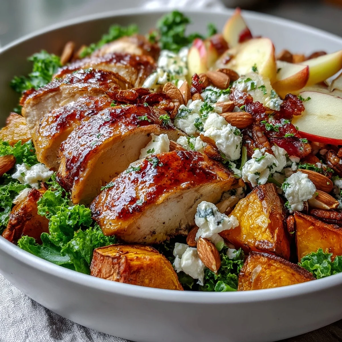 Sliced chicken, creamy goat cheese, and toasted almonds garnish a Fall Sweet Potato Harvest Bowl on a rustic table.
