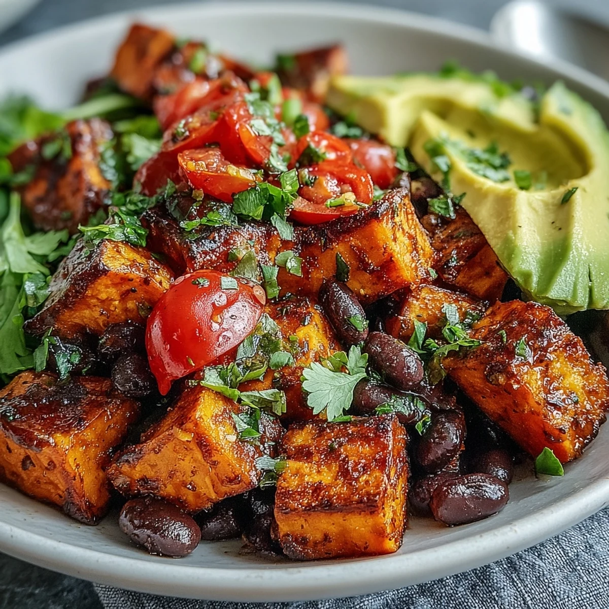 A vibrant bowl of the Sweet Potato and Black Bean Bowl, featuring golden roasted vegetables, creamy avocado, and fresh salsa.
