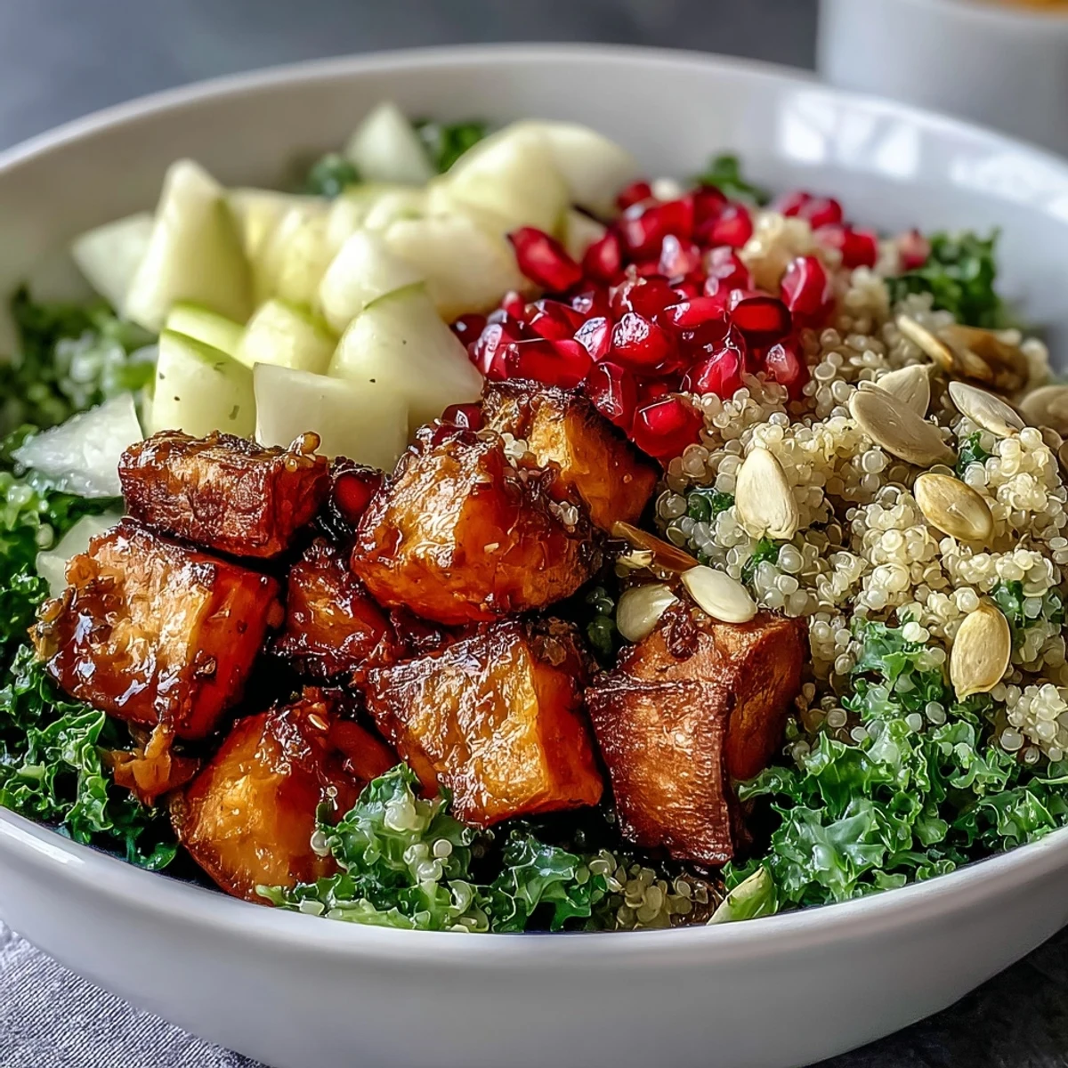 A vibrant Kale Harvest Grain Bowl with massaged kale, fluffy quinoa, and golden roasted sweet potatoes.