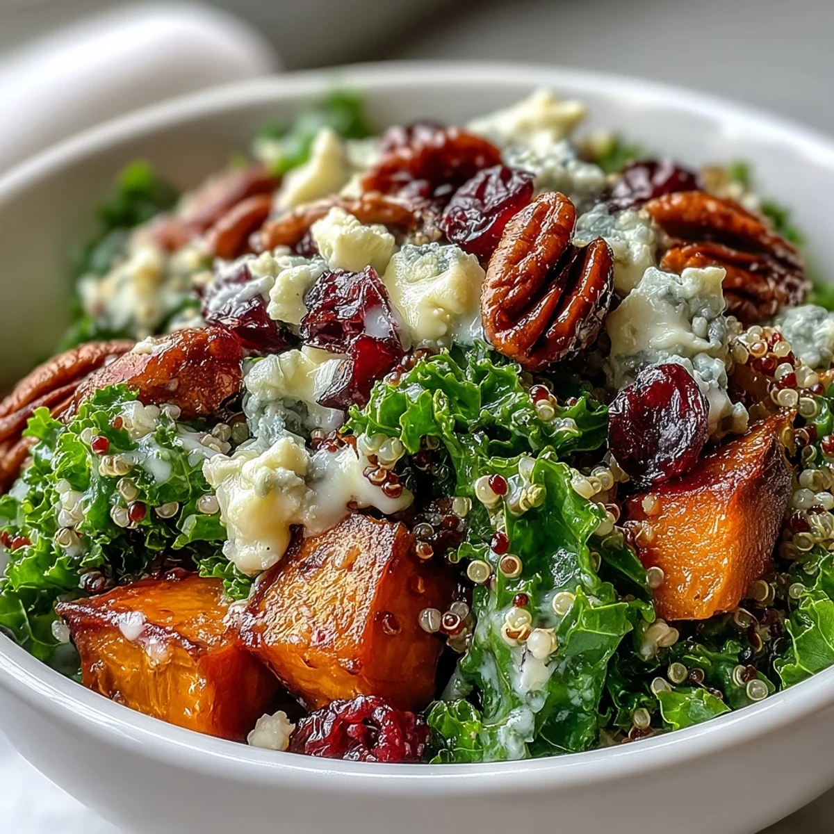Vibrant kale, toasted pecans, and sweet cranberries top a warm Harvest Kale Quinoa Bowl, finished with tangy blue cheese crumbles.