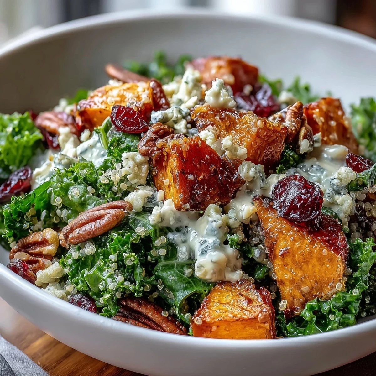 A freshly prepared Harvest Kale Quinoa Bowl featuring golden sweet potatoes, fluffy grains, and a zesty lemon tahini drizzle.