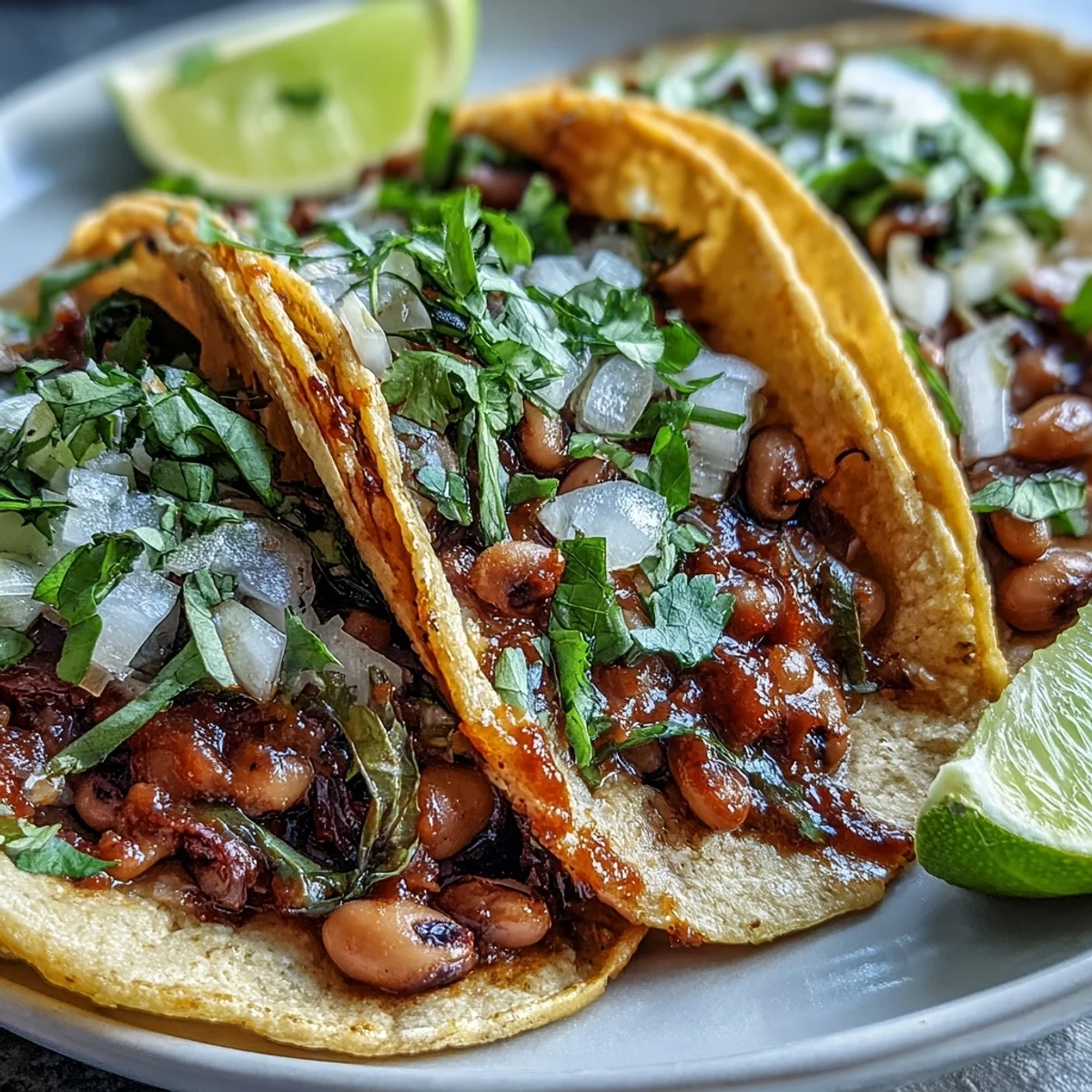 Steamed corn tortillas cradle savory seasoned black-eyed pea filling, topped with fresh cilantro, diced onion, and salsa.