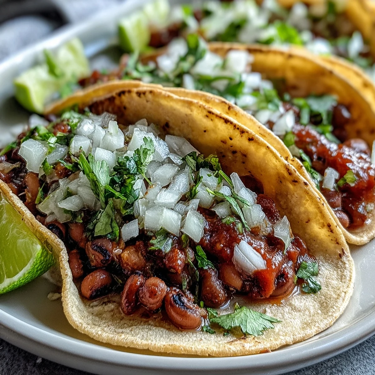 A close-up view shows Black-Eyed Pea Tacos garnished with lime wedges and vibrant green cilantro.
